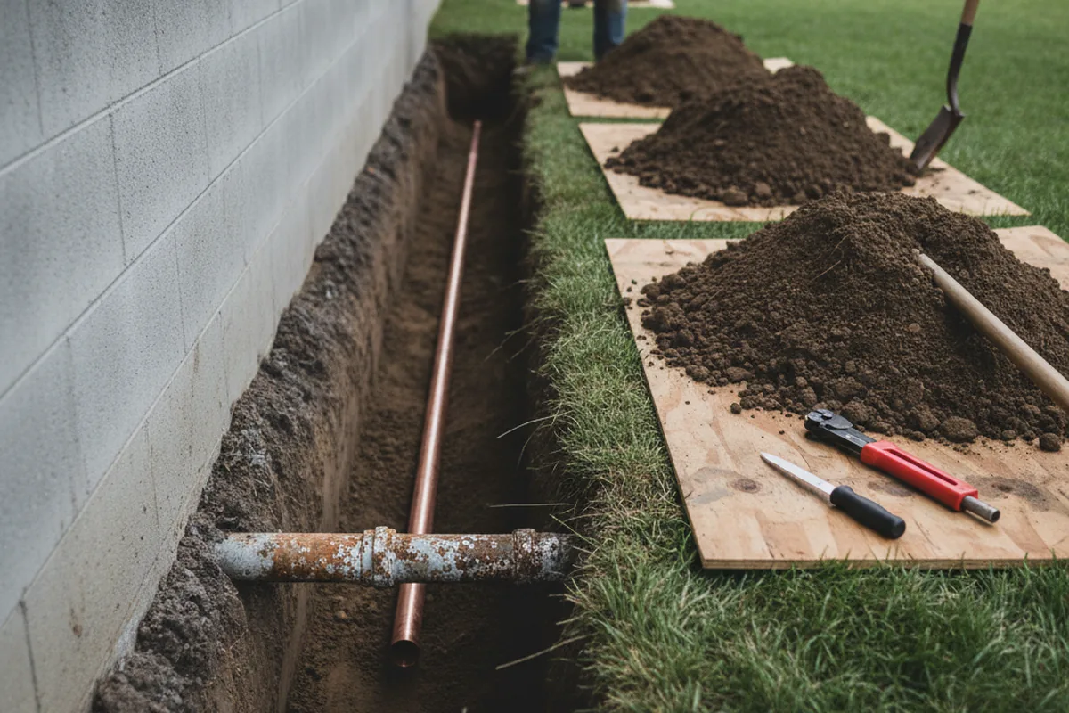 Excavated water line trench during Water Heater Repair in Saint George